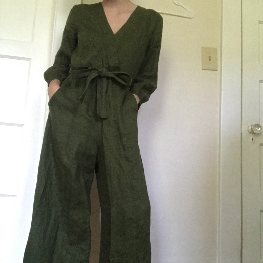 J. Crew Linen Point Sur Dark Green Jumpsuit